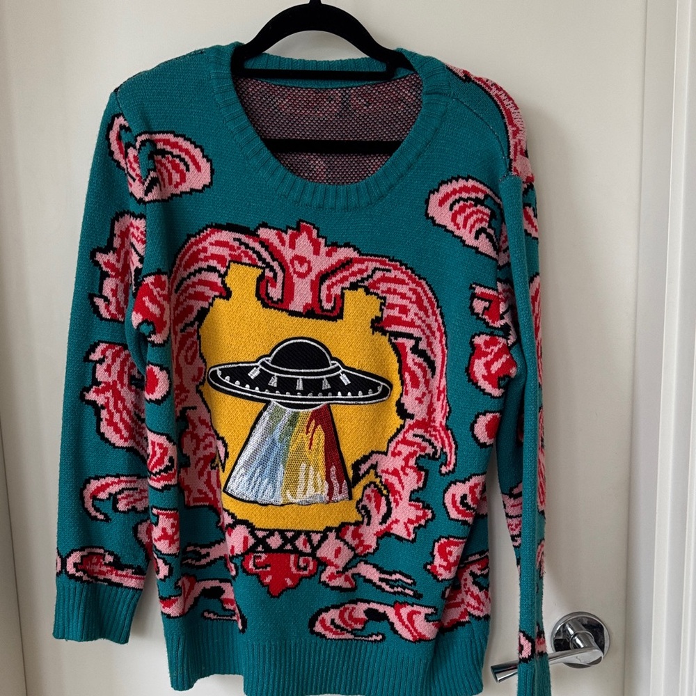 SHEIN Teal UFO Graphic Sweater